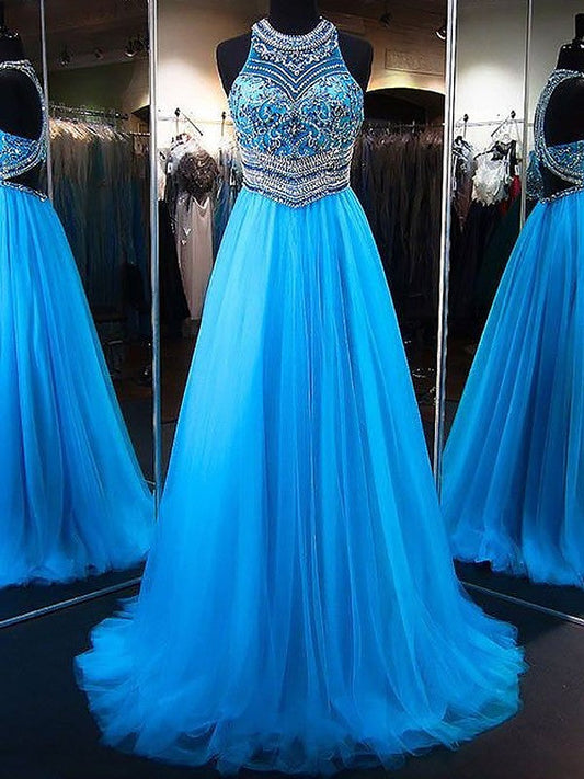 A-Line Jewel Sleeveless Sweep/Brush Train With Beading Tulle Prom Dress