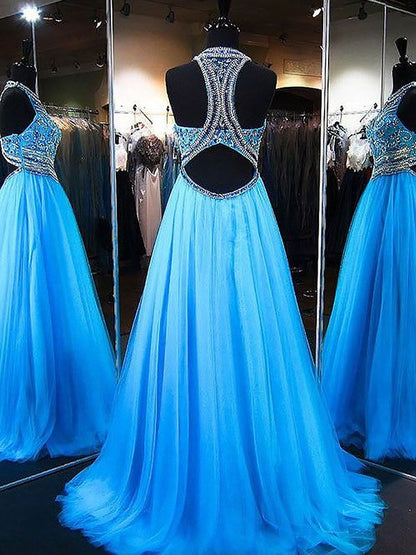 A-Line Jewel Sleeveless Sweep/Brush Train With Beading Tulle Prom Dress