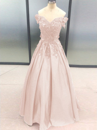 Ball Gown Sleeveless Off-the-Shoulder With Applique Satin Floor-Length Prom Dress