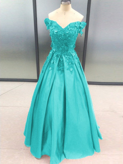 Ball Gown Sleeveless Off-the-Shoulder With Applique Satin Floor-Length Prom Dress