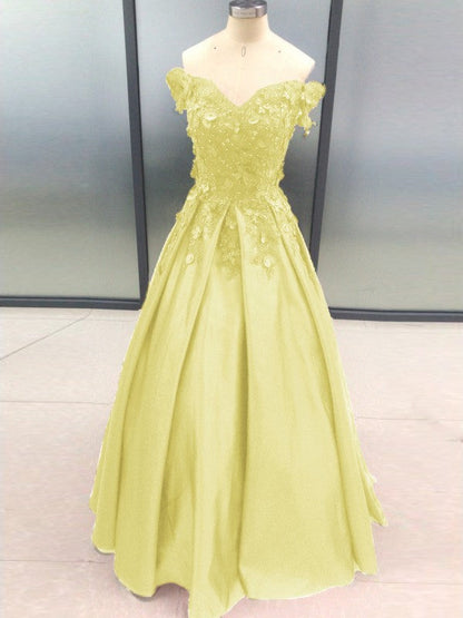 Ball Gown Sleeveless Off-the-Shoulder With Applique Satin Floor-Length Prom Dress
