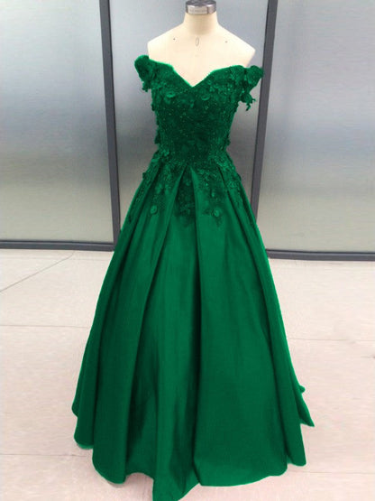 Ball Gown Sleeveless Off-the-Shoulder With Applique Satin Floor-Length Prom Dress