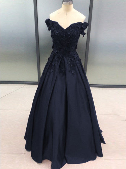 Ball Gown Sleeveless Off-the-Shoulder With Applique Satin Floor-Length Prom Dress