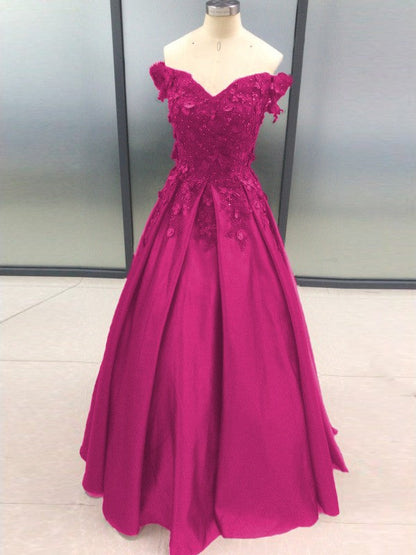 Ball Gown Sleeveless Off-the-Shoulder With Applique Satin Floor-Length Prom Dress