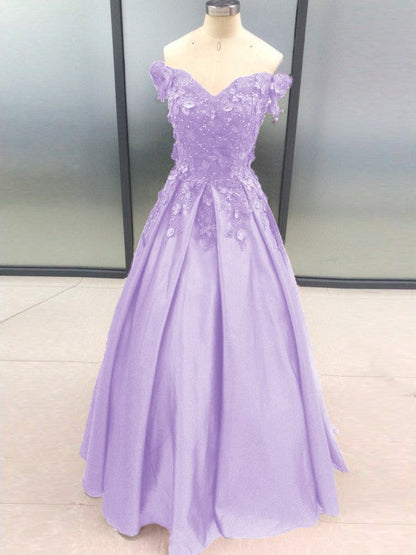 Ball Gown Sleeveless Off-the-Shoulder With Applique Satin Floor-Length Prom Dress