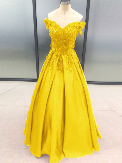 Ball Gown Sleeveless Off-the-Shoulder With Applique Satin Floor-Length Prom Dress