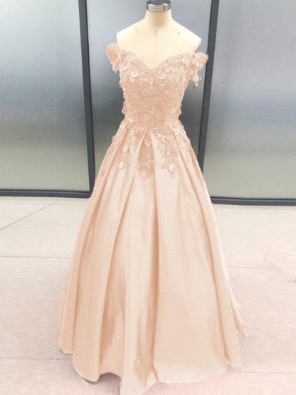 Ball Gown Sleeveless Off-the-Shoulder With Applique Satin Floor-Length Prom Dress