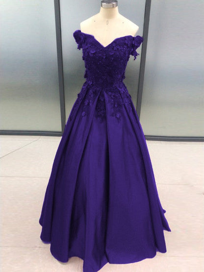 Ball Gown Sleeveless Off-the-Shoulder With Applique Satin Floor-Length Prom Dress