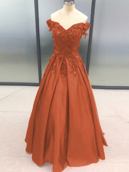 Ball Gown Sleeveless Off-the-Shoulder With Applique Satin Floor-Length Prom Dress