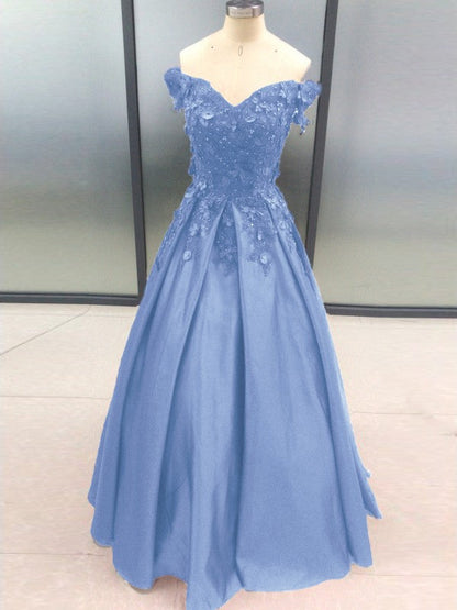 Ball Gown Sleeveless Off-the-Shoulder With Applique Satin Floor-Length Prom Dress