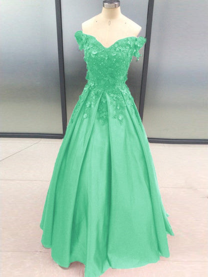 Ball Gown Sleeveless Off-the-Shoulder With Applique Satin Floor-Length Prom Dress