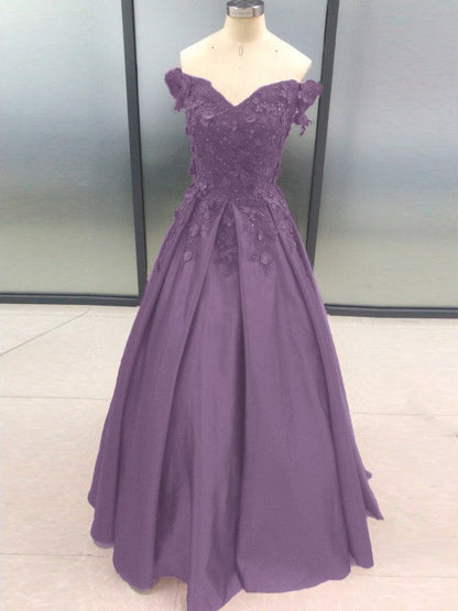 Ball Gown Sleeveless Off-the-Shoulder With Applique Satin Floor-Length Prom Dress