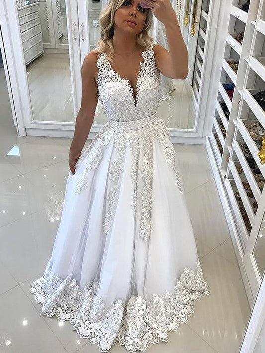 A-Line V-Neck Sleeveless Floor-Length With Lace Tulle Prom Dress