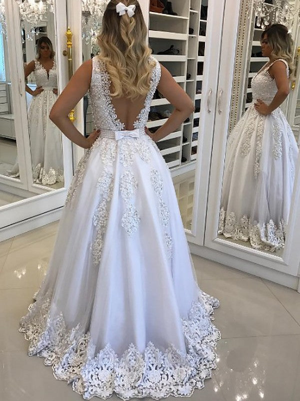 A-Line V-Neck Sleeveless Floor-Length With Lace Tulle Prom Dress