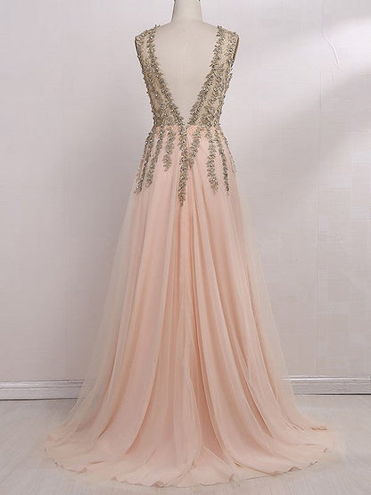 A-Line V-Neck Sleeveless Sweep/Brush Train With Beading Tulle Prom Dress