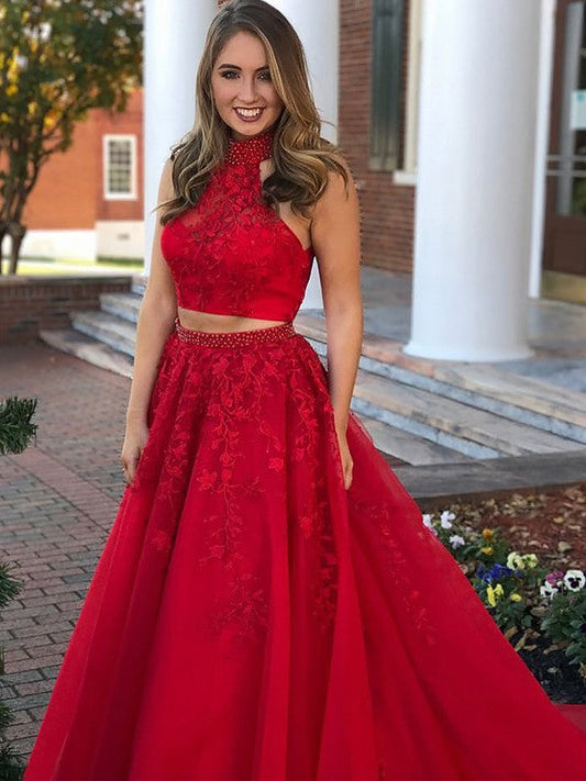 A-Line Sleeveless Halter With Beading Tulle Floor-Length Two Piece Prom Dress
