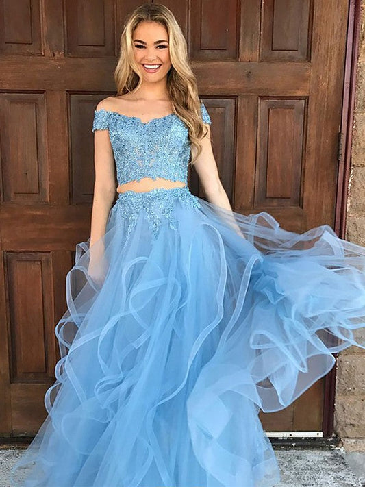 A-Line Sleeveless Off-the-Shoulder Tulle With Applique Floor-Length Two Piece Prom Dress