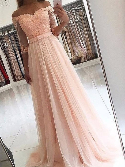 A-Line 3/4 Sleeves Off-the-Shoulder Tulle With Sash/Ribbon/Belt Sweep/Brush Train Prom Dress