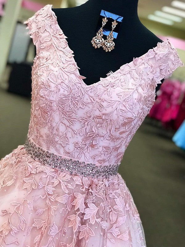 A-Line V-Neck Sleeveless Floor-Length With Applique Tulle Prom Dress