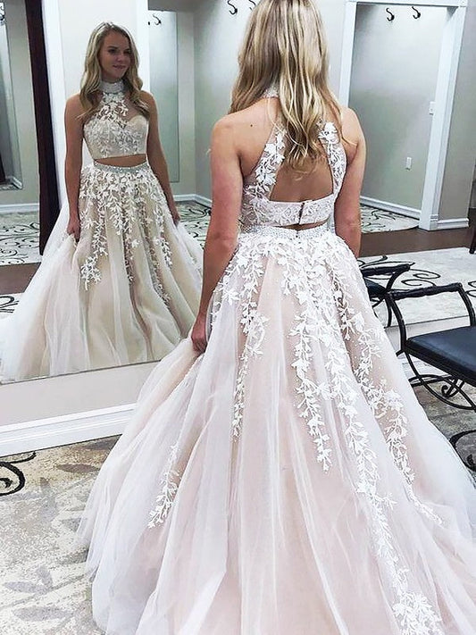 A-Line High Neck Sleeveless Sweep/Brush Train With Applique Tulle Two Piece Prom Dress