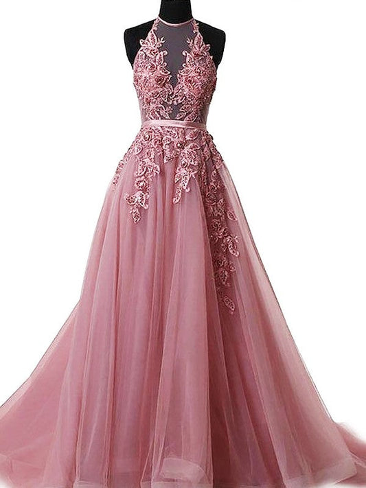 A-Line Halter Sleeveless Sweep/Brush Train With Applique Tulle Prom Dress