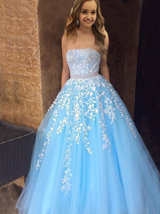 A-Line Strapless Sleeveless Floor-Length With Applique Tulle Prom Dress