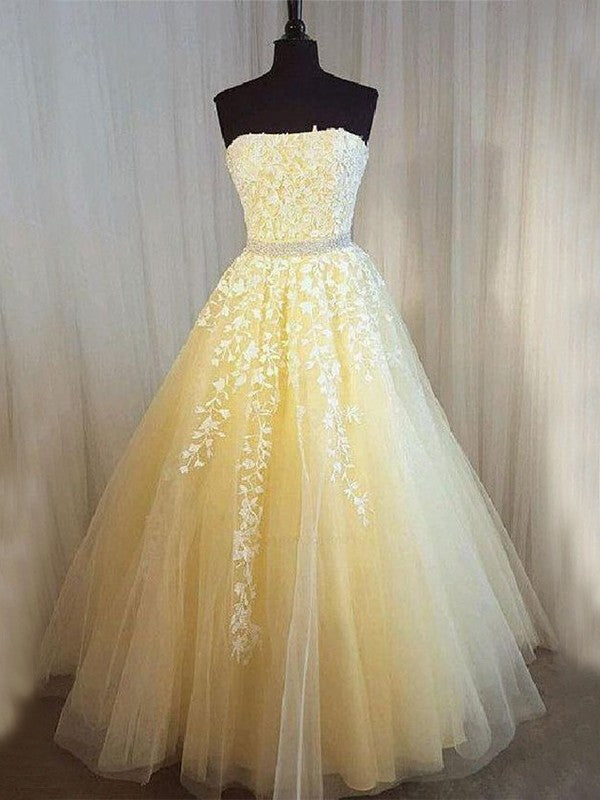 A-Line Strapless Sleeveless Floor-Length With Applique Tulle Prom Dress