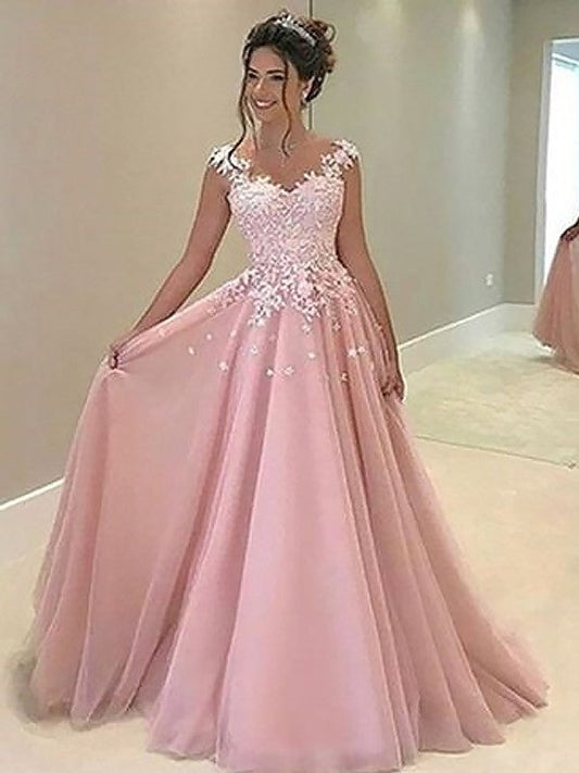 A-Line Sweetheart Sleeveless Floor-Length With Applique Tulle Prom Dress
