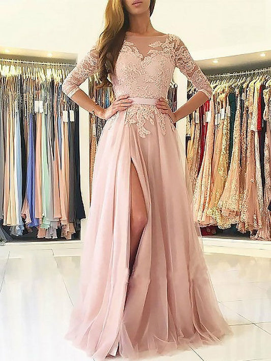 A-Line Bateau 3/4 Sleeves Sweep/Brush Train With Applique Tulle Prom Dress