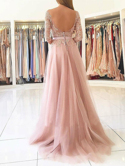 A-Line Bateau 3/4 Sleeves Sweep/Brush Train With Applique Tulle Prom Dress