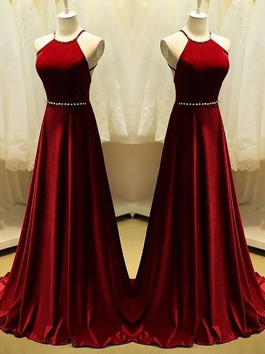 A-Line Halter Sleeveless Sweep/Brush Train With Beading Satin Prom Dress