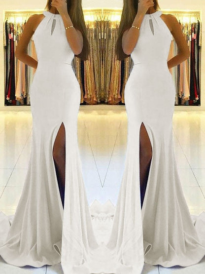 Sheath Halter Sleeveless Sweep/Brush Train With Ruffles Stretch Crepe Prom Dress