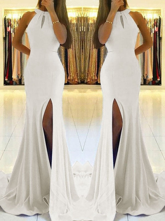 Sheath Halter Sleeveless Sweep/Brush Train With Ruffles Stretch Crepe Prom Dress