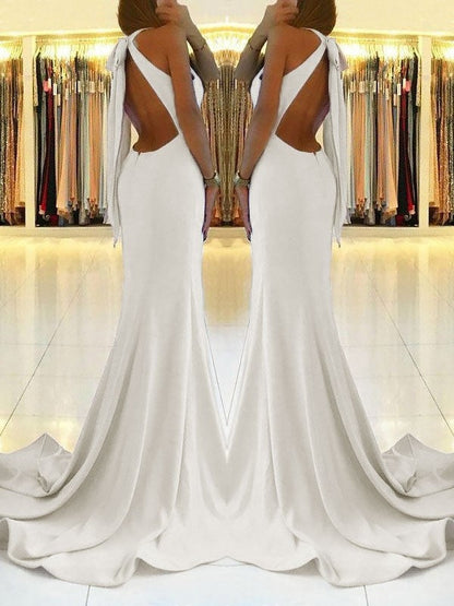 Sheath Halter Sleeveless Sweep/Brush Train With Ruffles Stretch Crepe Prom Dress