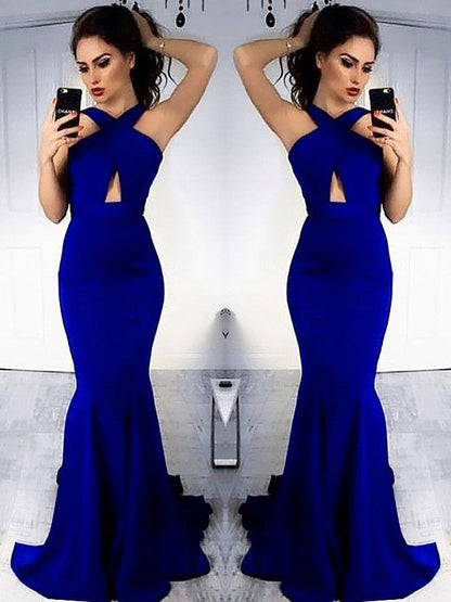 Sheath Halter Sleeveless Sweep/Brush Train With Ruched Satin Prom Dress