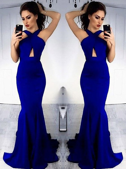 Sheath Halter Sleeveless Sweep/Brush Train With Ruched Satin Prom Dress