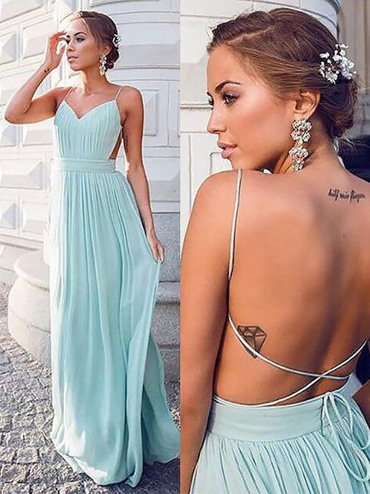 A-Line Spaghetti Straps Sleeveless Floor-Length With Ruched Chiffon Prom Dress