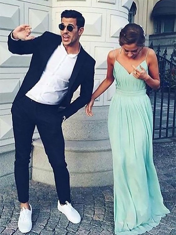 A-Line Spaghetti Straps Sleeveless Floor-Length With Ruched Chiffon Prom Dress