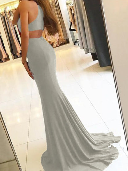 Sheath Halter Sleeveless Sweep/Brush Train With Ruffles Jersey Prom Dress