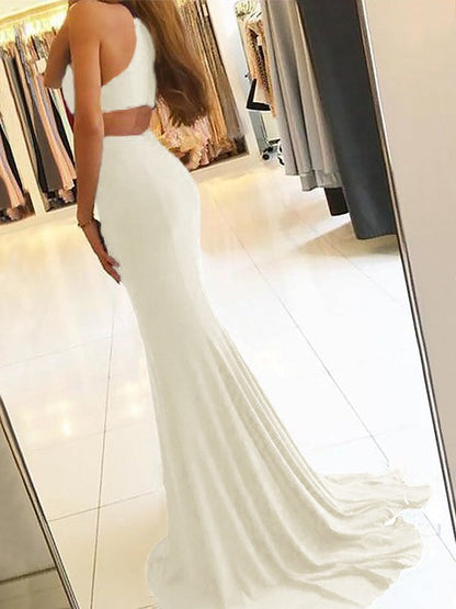 Sheath Halter Sleeveless Sweep/Brush Train With Ruffles Jersey Prom Dress
