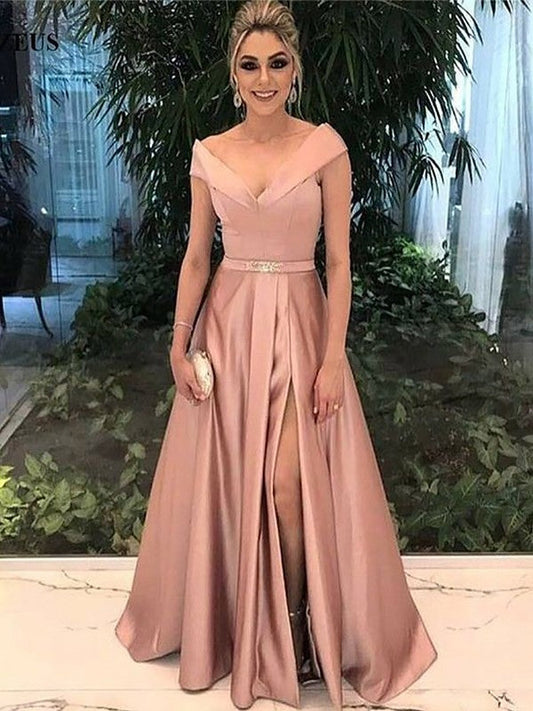 A-Line Off-the-Shoulder Sleeveless Floor-Length With Sash/Ribbon/Belt Satin Prom Dress