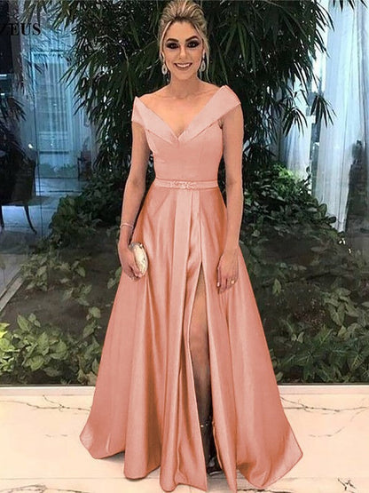 A-Line Off-the-Shoulder Sleeveless Floor-Length With Sash/Ribbon/Belt Satin Prom Dress