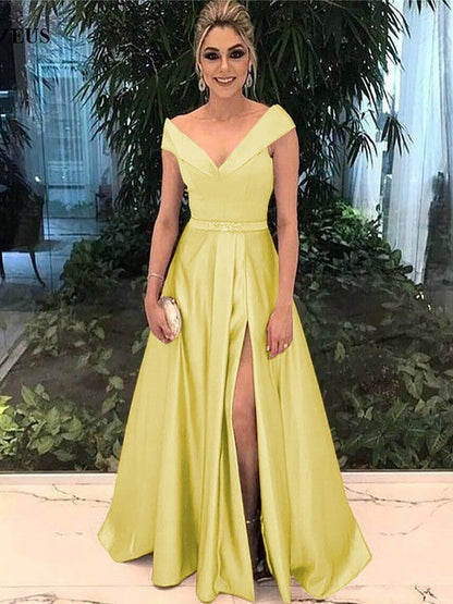 A-Line Off-the-Shoulder Sleeveless Floor-Length With Sash/Ribbon/Belt Satin Prom Dress