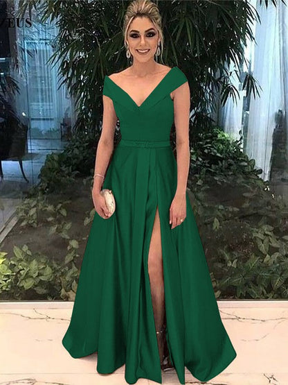 A-Line Off-the-Shoulder Sleeveless Floor-Length With Sash/Ribbon/Belt Satin Prom Dress