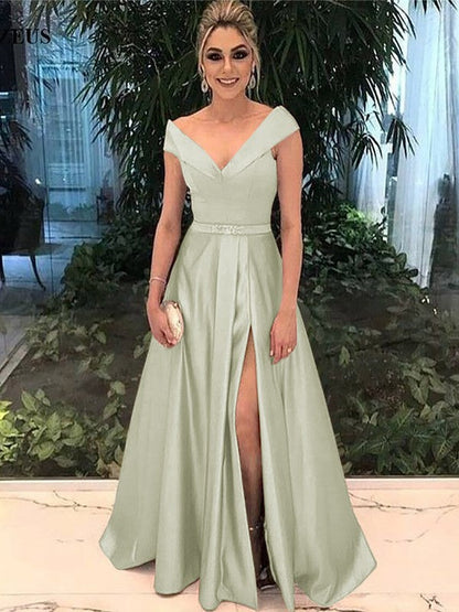 A-Line Off-the-Shoulder Sleeveless Floor-Length With Sash/Ribbon/Belt Satin Prom Dress
