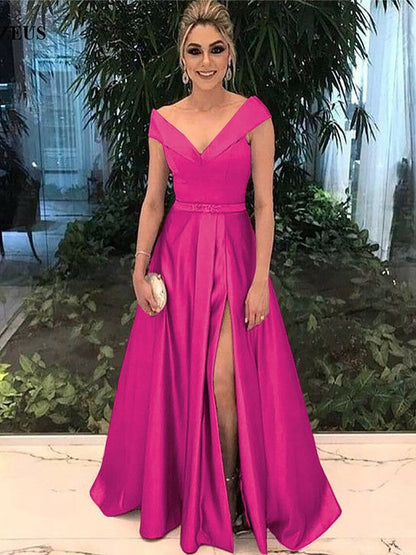 A-Line Off-the-Shoulder Sleeveless Floor-Length With Sash/Ribbon/Belt Satin Prom Dress