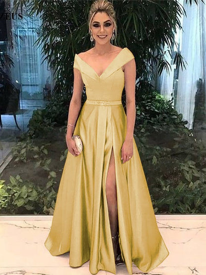 A-Line Off-the-Shoulder Sleeveless Floor-Length With Sash/Ribbon/Belt Satin Prom Dress