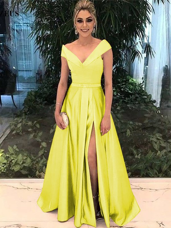 A-Line Off-the-Shoulder Sleeveless Floor-Length With Sash/Ribbon/Belt Satin Prom Dress