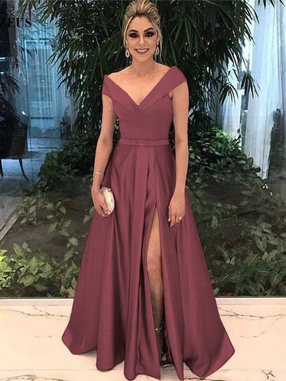 A-Line Off-the-Shoulder Sleeveless Floor-Length With Sash/Ribbon/Belt Satin Prom Dress