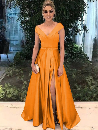 A-Line Off-the-Shoulder Sleeveless Floor-Length With Sash/Ribbon/Belt Satin Prom Dress